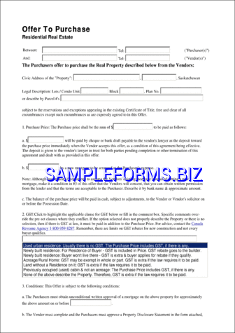 Saskatchewan Offer to Purchase Residential Real Estate Form pdf free